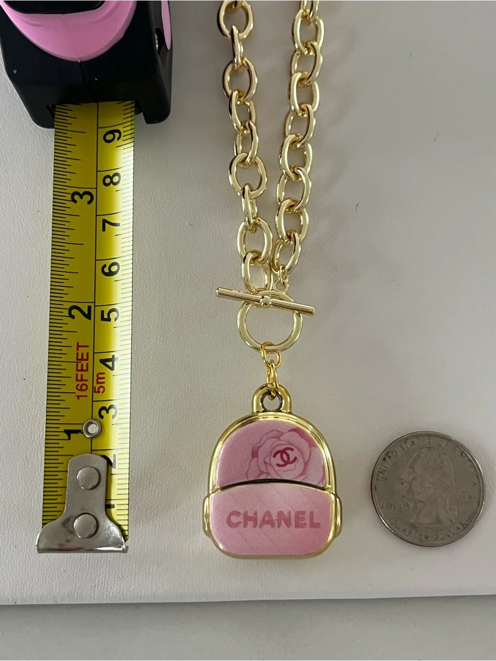 Authentic Chanel Upcycled Large 3D Pink Backpack Charm on 14k GP Toggle Necklace - Picture 10 of 12
